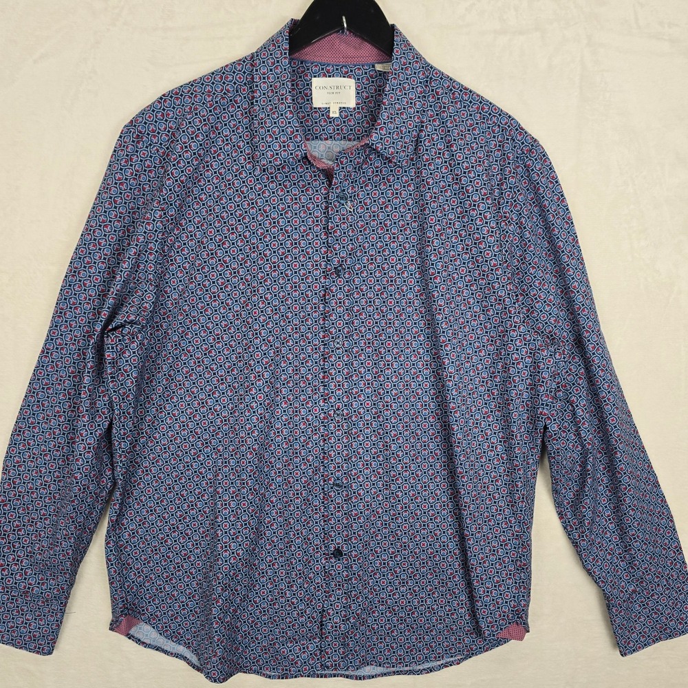 Con.Struct Slim Fit 4-Way Stretch Geometric Medallion Shirt Mens XL Blue Red
